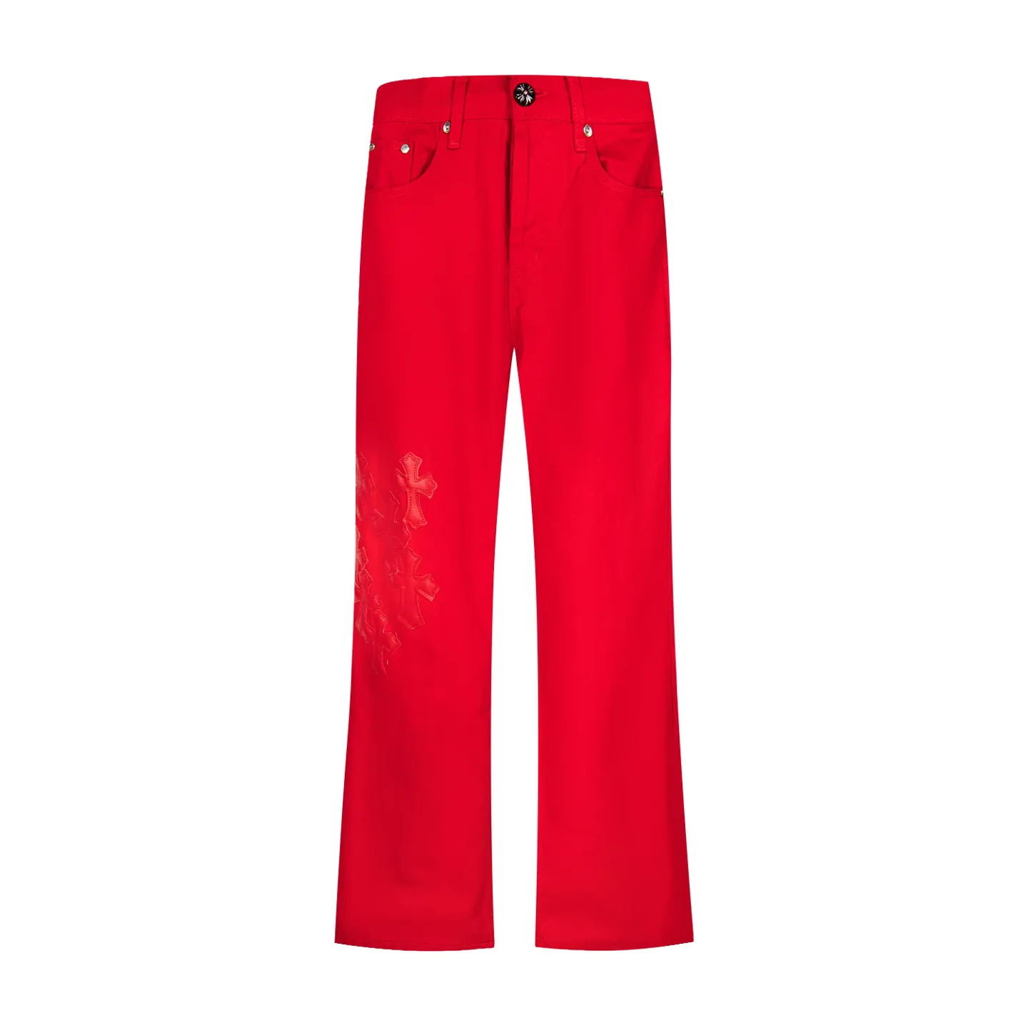 P260 CHROME HEARTS 25ss dopamine Chinese red cross leather washed jeans - Full of exploring the ultimate in fashion, Chrome Hearts' new Chrome Hearts pants not only present a unique style, but the fresh ice blue color looks particularly youthful and energetic. The mid-high waist design is paired with a lazy and casual style, which not only shows long legs but also maintains a casual feel. It is a must-have fashion choice for trendy men and trendy women. Style No.: 1789 Color: Dopamine Red Size: 28 30 32 34